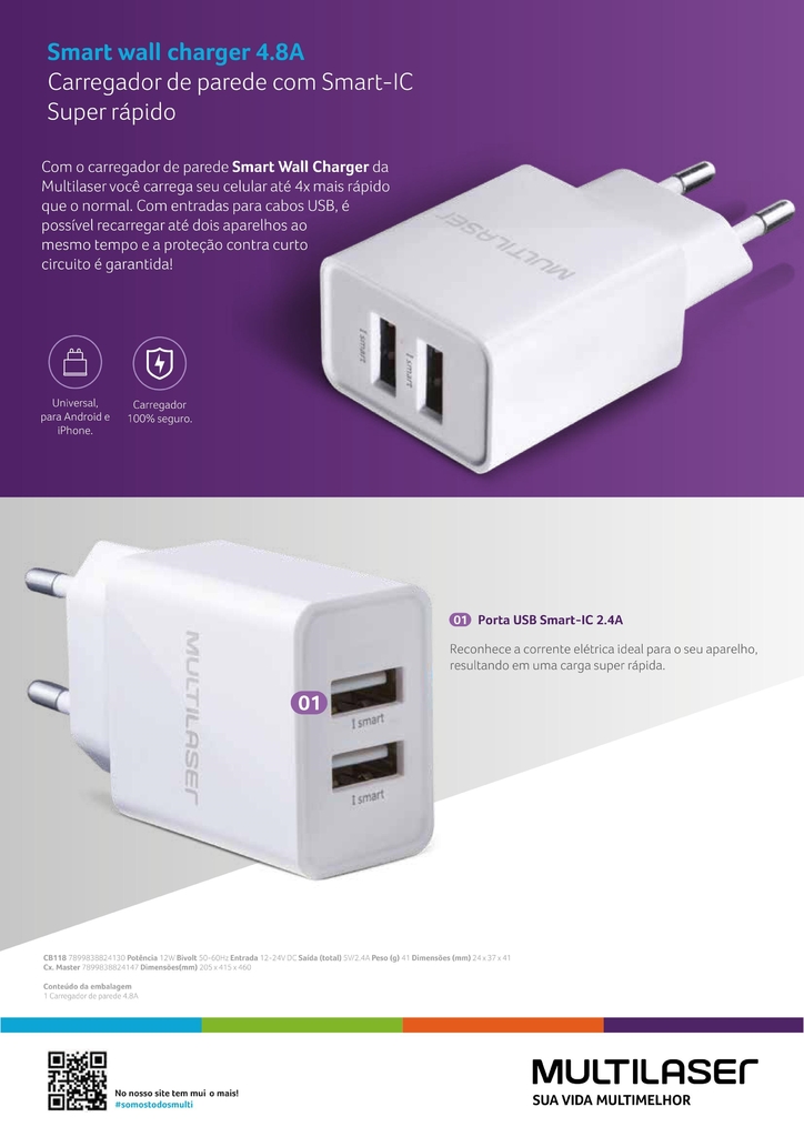 Carregador USB Slim Branco - 12W 5V 2A