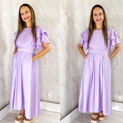 Vestido Longo Luiza sem Bojo Manga Curta Babados e Amarração Orquidea