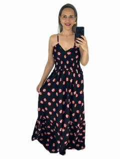 Vestido Longo Preto Flores Rosa Mali - comprar online