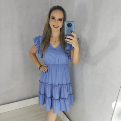 Vestido Midi Azul Manga Verão