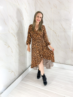 Vestido Envelope Transpassado Manga Longa Animal Print - comprar online