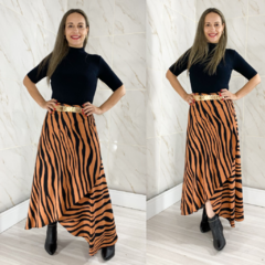 Saia Midi Envelope Transpassada Zigue Zag Nude com Preto