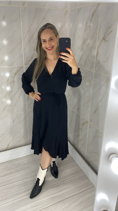 Vestido Envelope Transpassado Manga Longa Preto Liso - loja online