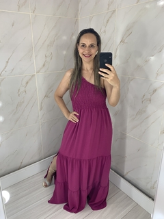 Vestido Longo Fucsia Roxo Um Ombro Elastex