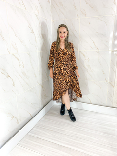 Vestido Envelope Transpassado Manga Longa Animal Print - loja online