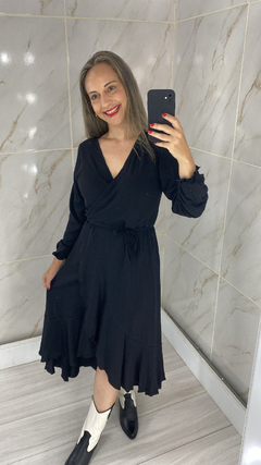 Imagem do Vestido Envelope Transpassado Manga Longa Preto Liso