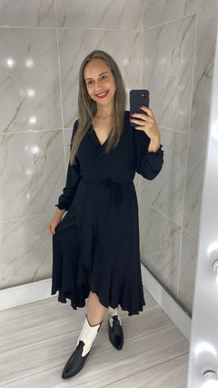 Vestido Envelope Transpassado Manga Longa Preto Liso - TRÈS CHIC BARRETOS