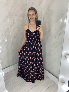 Vestido Longo Preto Flores Rosa Mali