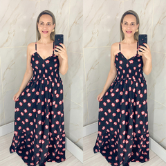 Vestido Longo Preto Flores Rosa Mali