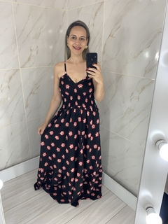 Vestido Longo Preto Flores Rosa Mali - loja online