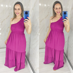 Vestido Longo Fucsia Roxo Um Ombro Elastex