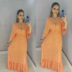 Vestido Laranja Plus Mangas Elastex Decote na internet