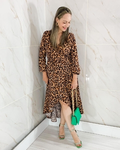 Vestido Envelope Transpassado Manga Longa Animal Print