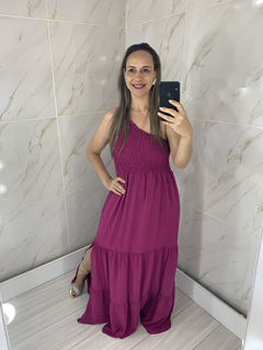 Vestido Longo Fucsia Roxo Um Ombro Elastex - loja online