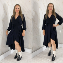 Vestido Envelope Transpassado Manga Longa Preto Liso