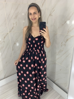 Vestido Longo Preto Flores Rosa Mali na internet