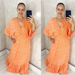 Vestido Laranja Plus Mangas Elastex Decote