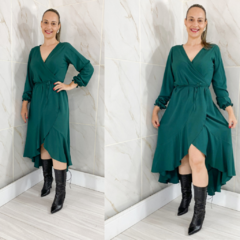 Vestido Envelope Transpassado Manga Longa Verde Liso - TRÈS CHIC BARRETOS