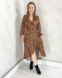 Vestido Envelope Transpassado Manga Longa Animal Print - comprar online