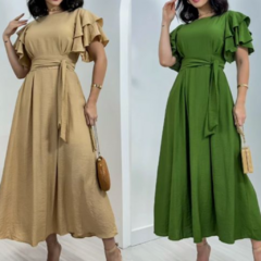 Vestido Longo Luiza sem Bojo Manga Curta Babados e Amarração Verde Claro