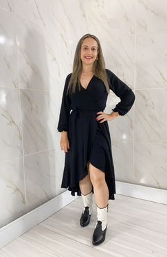 Vestido Envelope Transpassado Manga Longa Preto Liso - comprar online