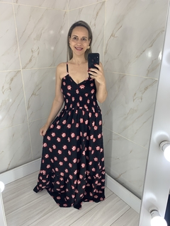 Imagem do Vestido Longo Preto Flores Rosa Mali