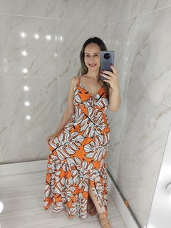 Vestido Longo Laranja Estampado - Mila - TRÈS CHIC BARRETOS