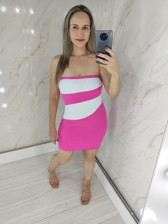 Vestido Tomara que Caia Curto Colado Bicolor Pink e Branco - comprar online