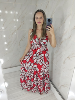 Vestido Longo Vermelho Estampado - Mila - TRÈS CHIC BARRETOS