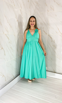 Vestido Longo Decote Flor Verde Claro - Ayla - loja online