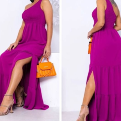 Vestido Longo Fucsia Roxo Um Ombro Elastex na internet