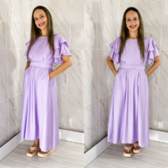 Vestido Longo Luiza sem Bojo Manga Curta Babados e Amarração Lilás