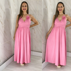 Vestido Longo Decote Flor Rosa Bebê - Ayla