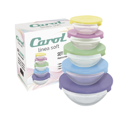 Set de 5 Bowls de Vidrio + Tapas Plásticas Multicolor Apto Para Microondas