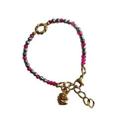 Pulsera círculo dorado con hematita plateada y cristal hot pink dije unicornio