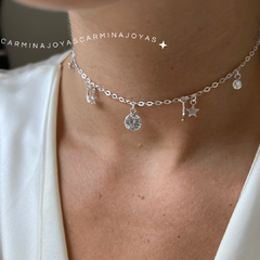 CHOKER/COLLAR CON LUNITAS Y ESTRELLAS DE PLATA 925 Y CUBIC