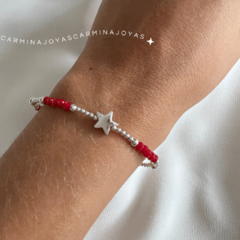 pulsera plata 925  con dije de estrella y cristales checos color rojo