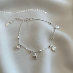 pulsera plata 925 con dijes de corazones