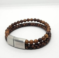 Pulseira em couro trançado marrom com shambala 6mm agata madeira