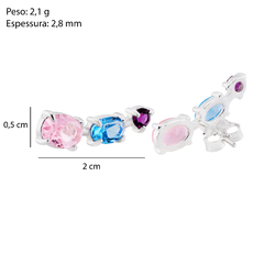 Brinco Prata Ear Cuff 3 Zircônias Rosa\Azul\Roxa 2cm - Via Vizzon Atacado