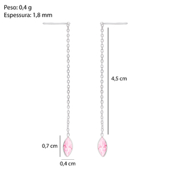 Brinco Prata Corrente Zircônia Navete Rosa 6,5cm na internet