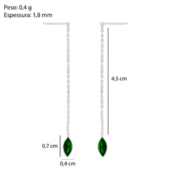 Brinco Prata Corrente Zircônia Navete Verde 6,5cm na internet