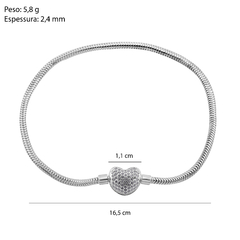 Pulseira Prata Berloques Fio 2,4mm Coração Zirconias - Via Vizzon Atacado