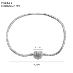 Pulseira Prata Berloques Fio 2,4mm Coração Zirconias