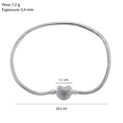 Pulseira Prata Berloques Fio 2,4mm Coração Zirconias - loja online