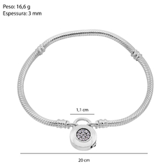 Pulseira Prata p/ Berloque Cadeado quadrado Redondo com Zircônias - Via Vizzon Atacado