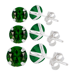 Trio Brincos Prata Zircônia Verde 6mm 5mm 4mm