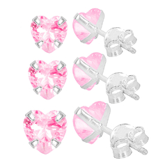 Trio Brinco Prata Zircônia Coração Rosa