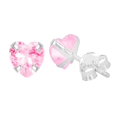 Brinco Prata Zircônia Coração Rosa 6x6mm