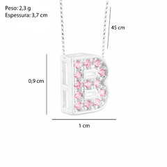 Colar Prata V12 Pingente Letra Zircônias Rosa